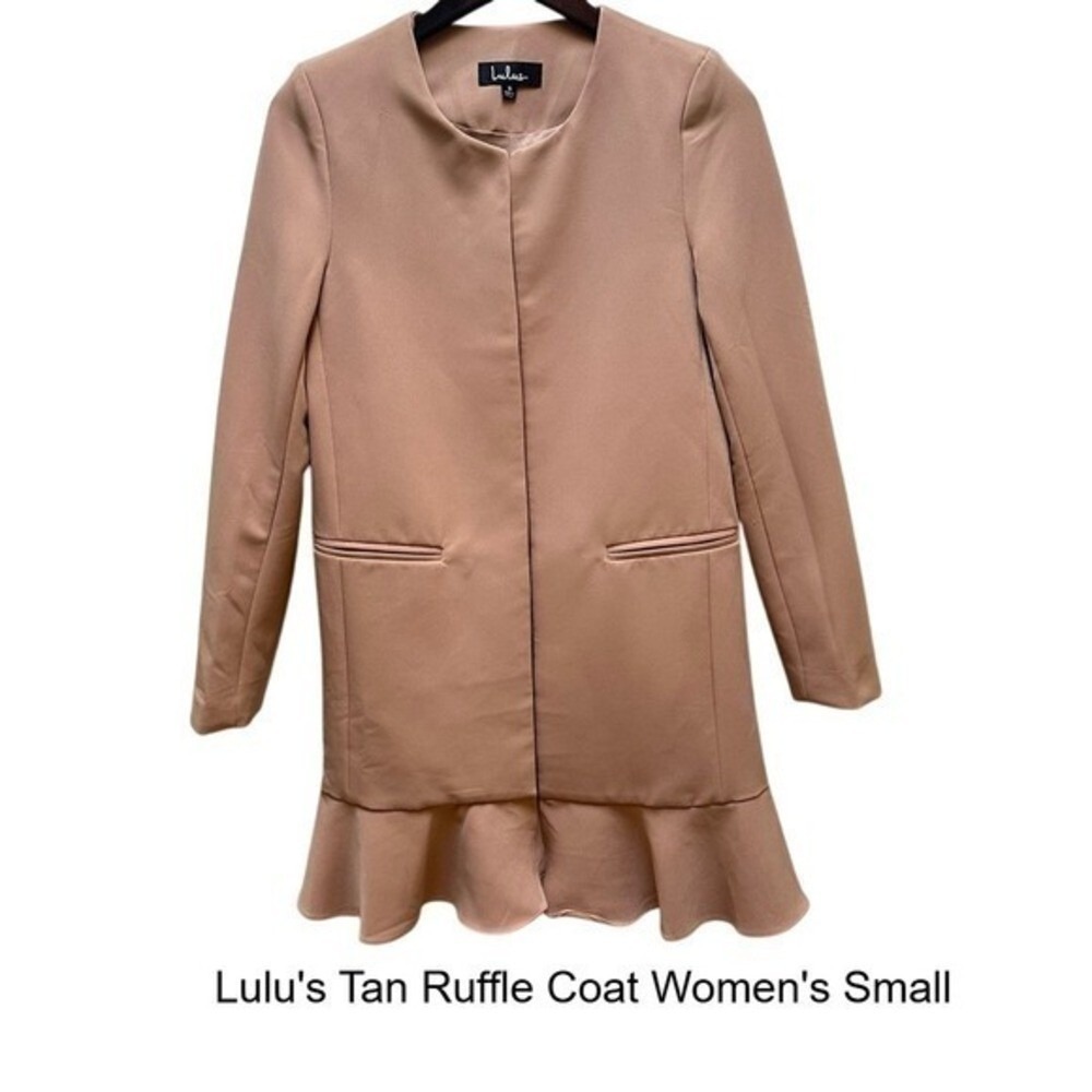 Lulus Tan Ruffle Hem Open Front Coat Womens Small Beige Collarless Jacket OI5063